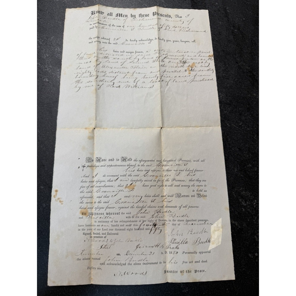 1850 Sagadahoc Maine Handwritten Land Deed Beedle Family Genealogy